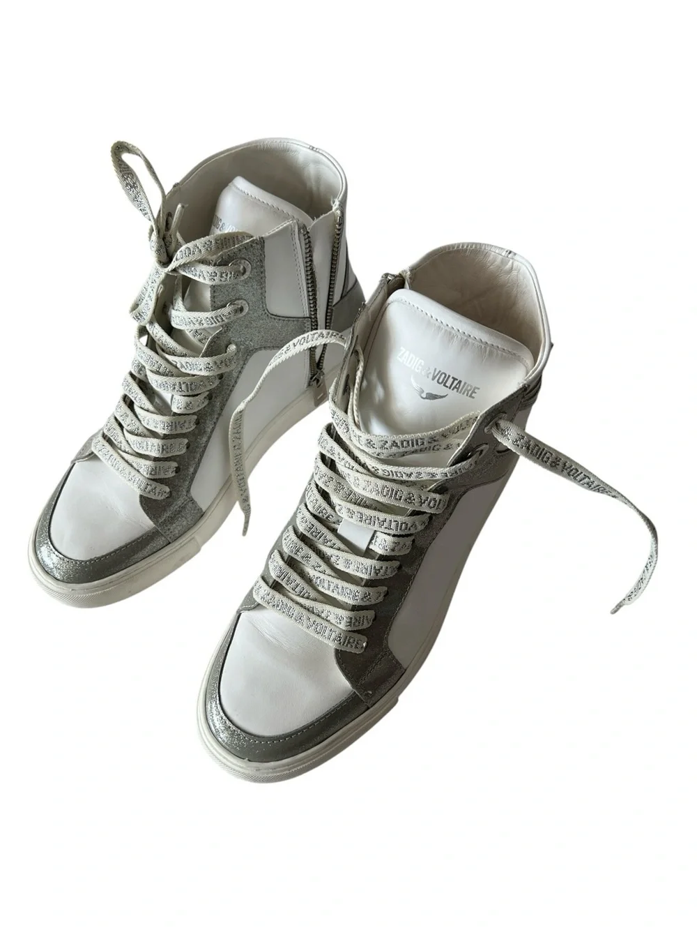 Zadig & Voltaire High Flash Infinity Leather Sneakers White Silver Glitter EU 38 - Picture 1 of 13